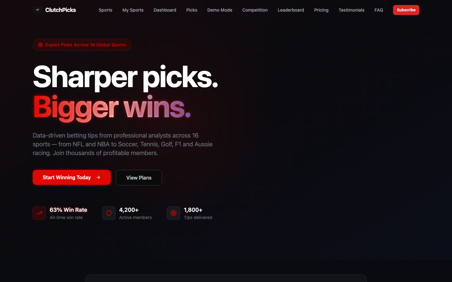 The ClutchPicks homepage: a dark sports site with the headline Sharper picks. Bigger wins.