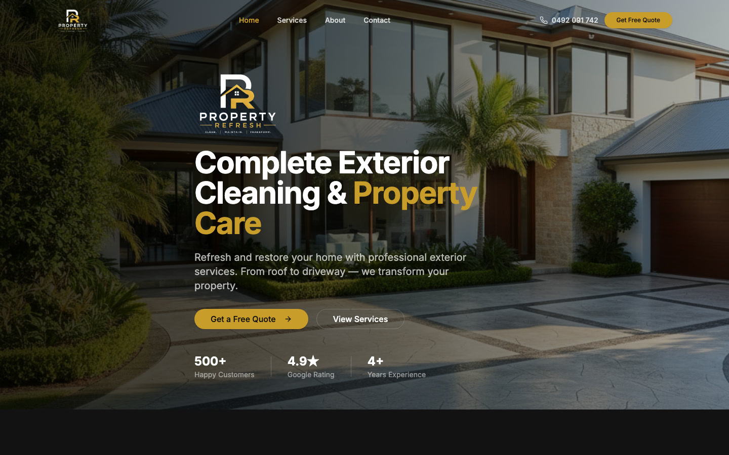 The Property Refresh homepage: a modern home with the headline Complete Exterior Cleaning and Property Care
